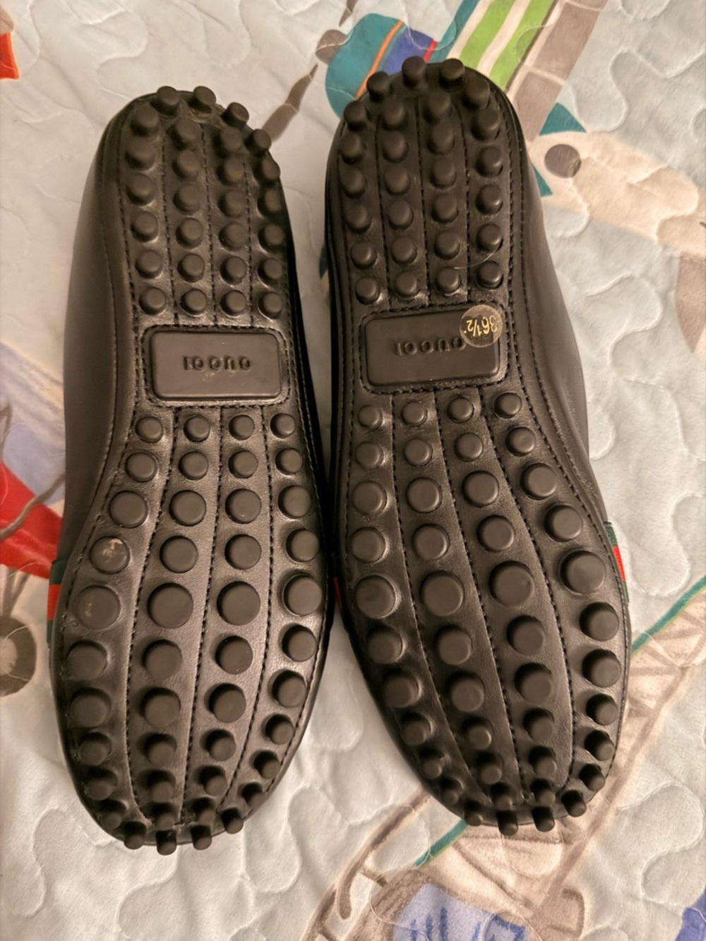 Gucci Black Leather Flats with Green & Red Stripe and Gold Bee Accent - Picture 3 of 4